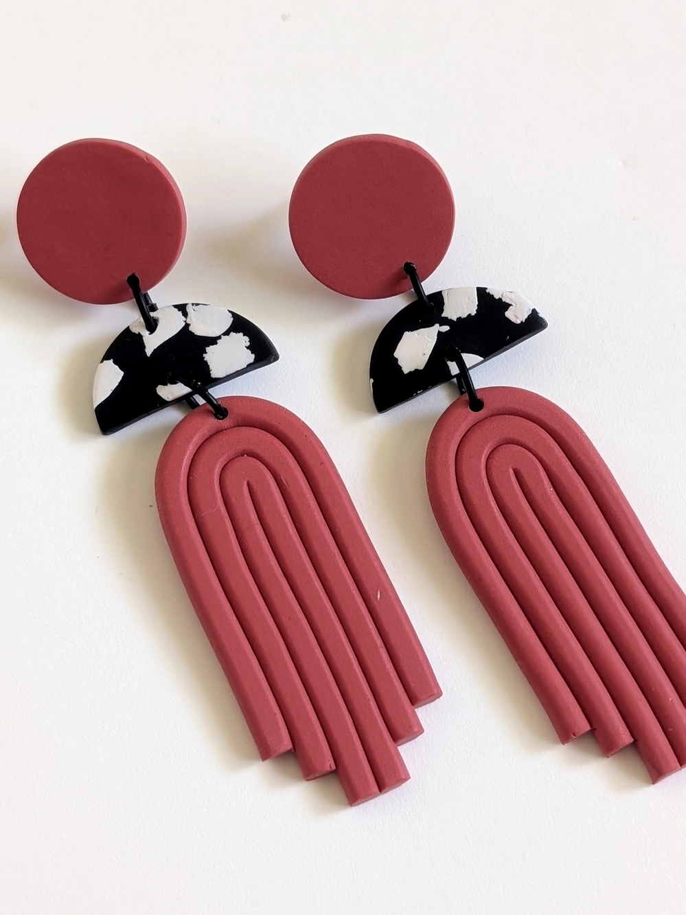 Red and Black Geometric Polymer Clay Drop Earrings